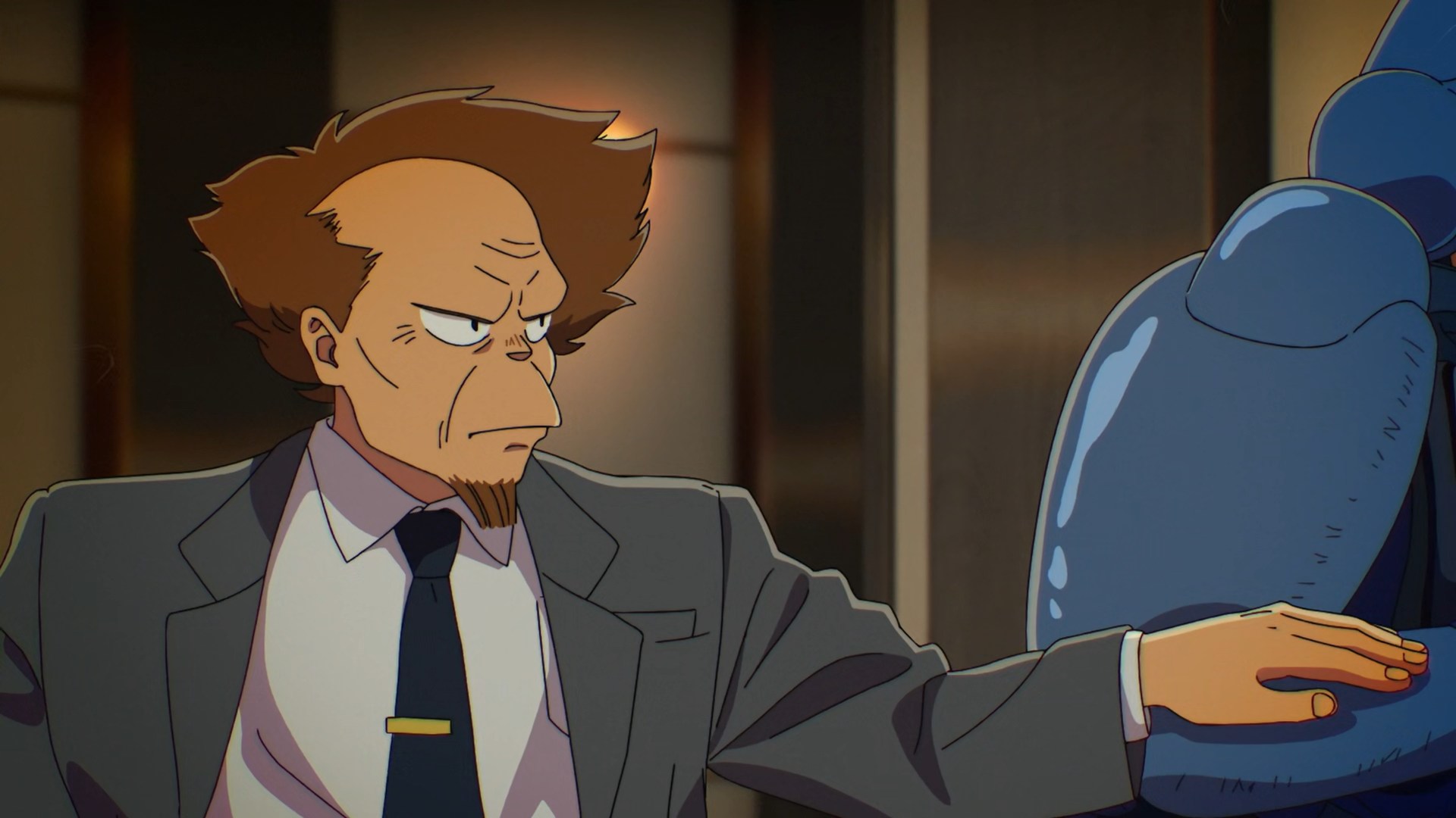 Aramaki in profile gesturing looking like he just came out of a meeting with Homer Simpson